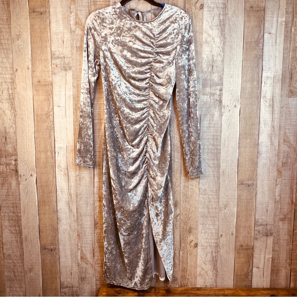 Future Collective Small Silver Velour Ruched Front Long Sleeve Open Back Dress